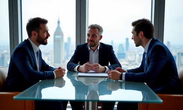 Tech professionals discussing strategy in a London boardroom