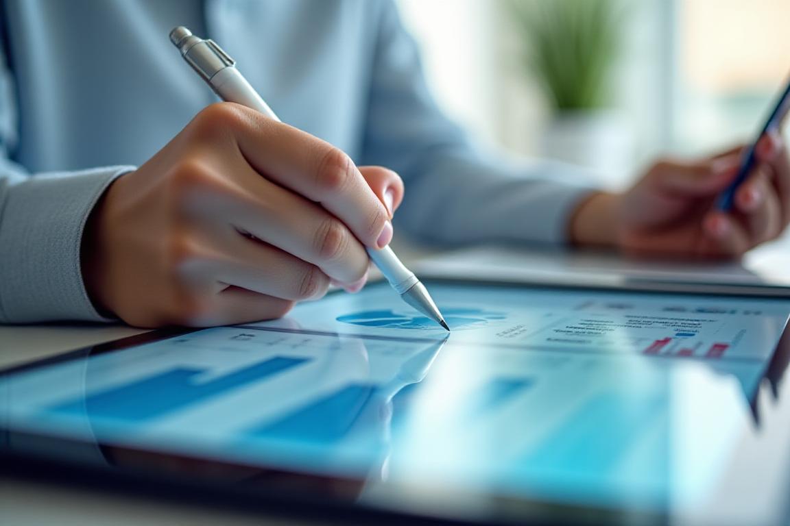 Financial expert reviewing charts on a digital tablet