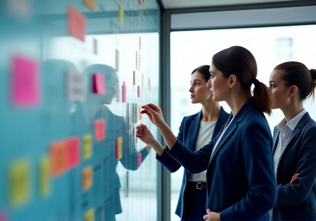 Team analyzing process flow charts in a modern office