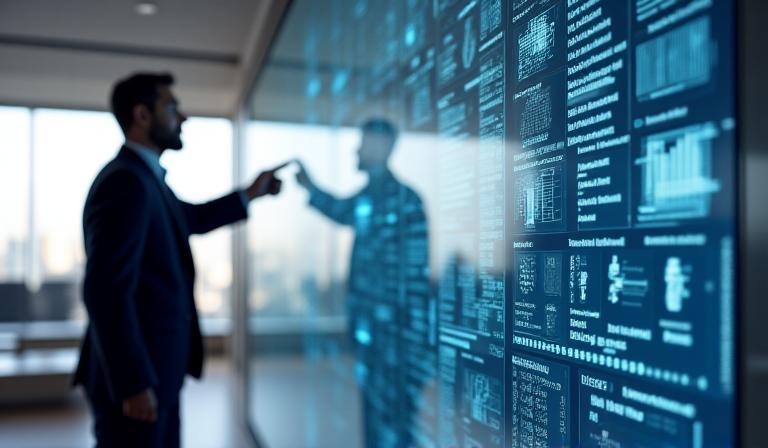 Professional consultant pointing to a scenario planning matrix on a digital screen