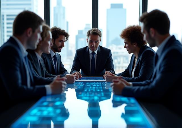 Executive team analyzing market data in a modern boardroom